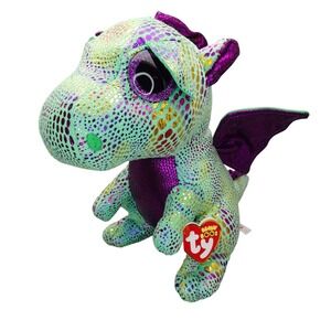 Ty Beanie Boos Cinder Green Dragon Medium 9" Plush Glitter Eyes Metallic Wings